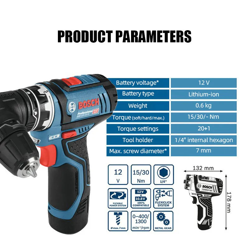 Bosch Professional 12V GSR 12V-15 FC Cordless Drill Electric Drill Wireless Power Driver with 4 FlexiClick Adapters Power tool