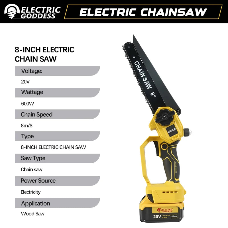 Electric Goddess 8in 6m/s Brushless Electric Chain Saw 600W Cordless Woodwork Cutting Garden Saw For 20V Dewalt Battery ﻿Pin ﻿ ﻿