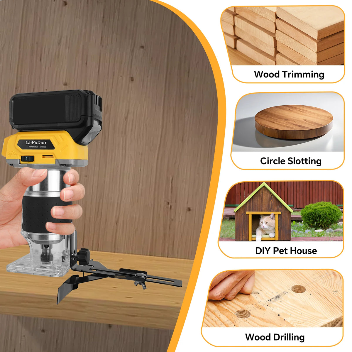 Cordless Wood Router 800W 30000RPM Brushless Electric Trimmer Woodworking Trimming Machine for Dewalt 20V Battery (No Battery)