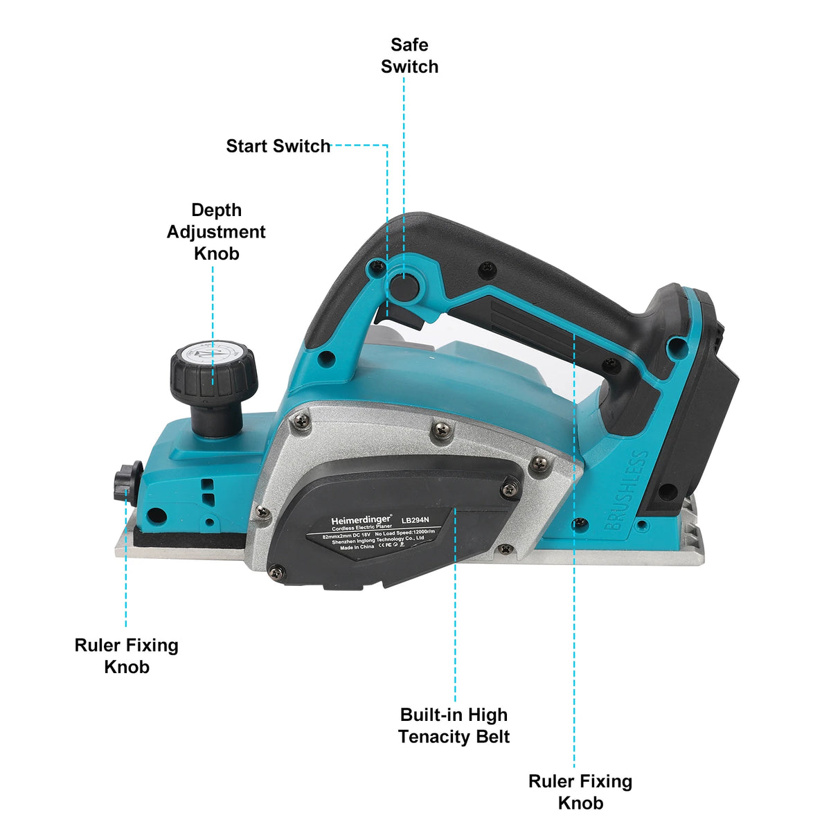 Heimerdinger 18V Rechargeable Lithium Battery Powered Handheld Woodworking Tool Brushless Cordless Electric Planer, No battery