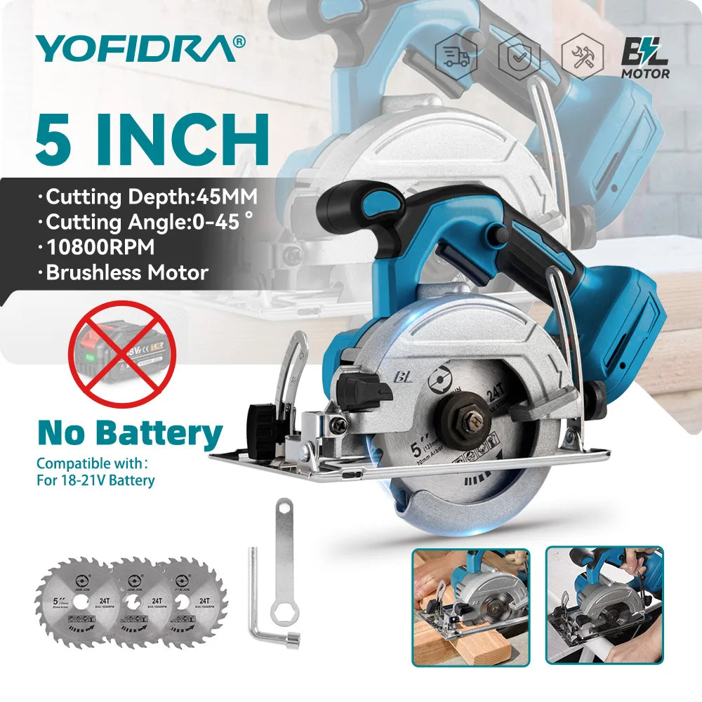 YOFIDRA 5Inch 10800RPM Brushless Electric Circular Saw Cordless 45° Adjustable Cutting Saw Power Tool For Makita 18V Battery Pin