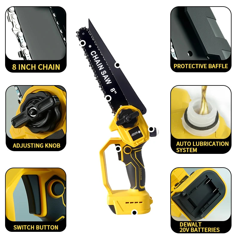 Electric Goddess 8in 6m/s Brushless Electric Chain Saw 600W Cordless Woodwork Cutting Garden Saw For 20V Dewalt Battery ﻿Pin ﻿ ﻿