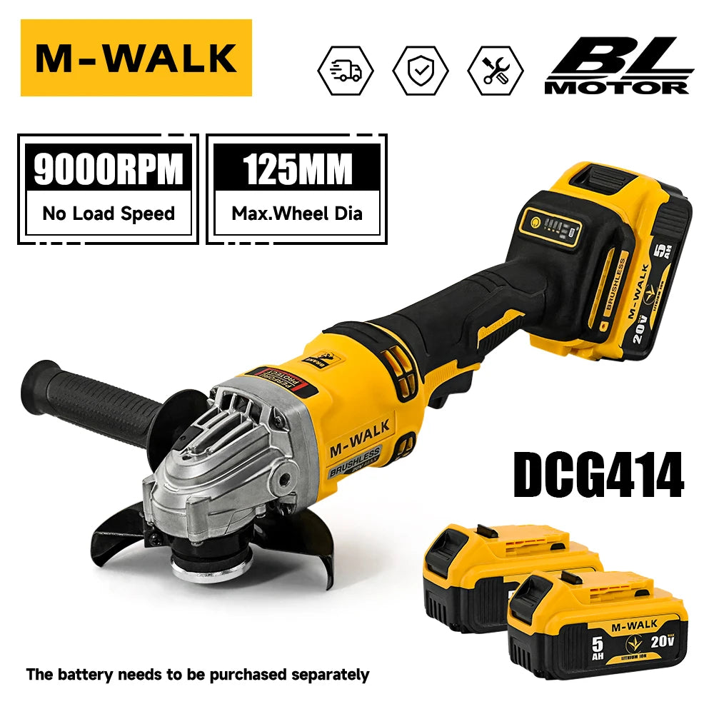M-WALK Brushless Cordless Electric Angle Grinder 125mm Polishing Grinding Machine Cutting Power Tools For Dewalt 18/20V Battery