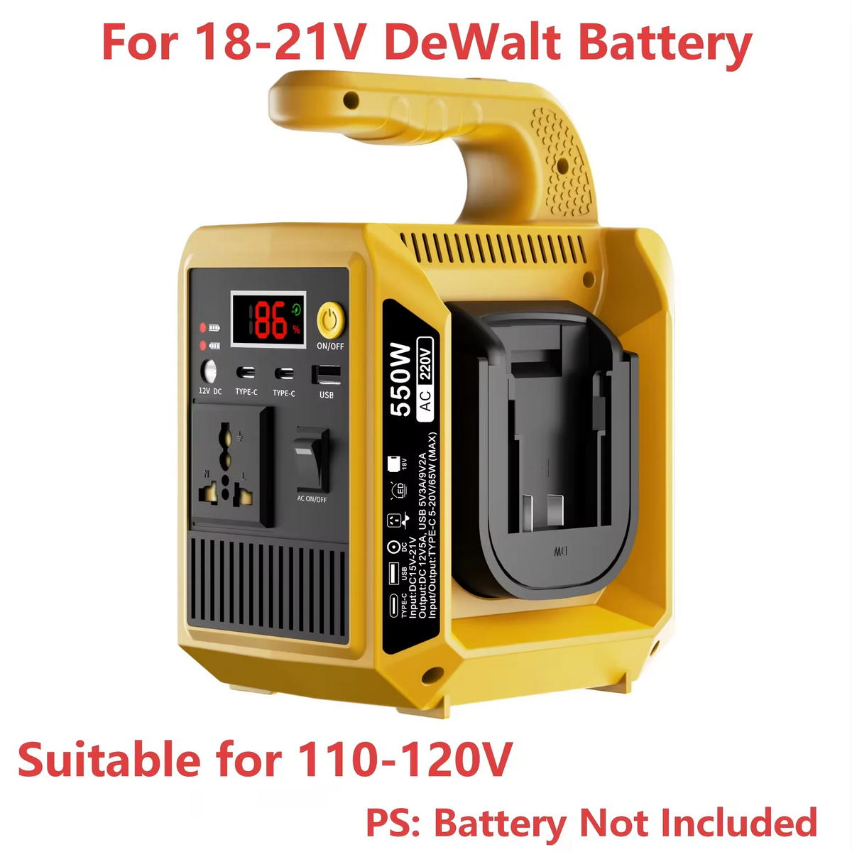 550W Portable Power Supply Inverter Compatible with Makita 18V Battery DC 18V to AC 110V/220V Converter with Type-C for Camping
