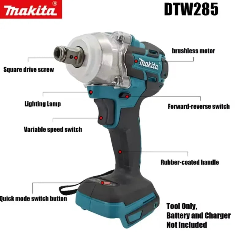 Makita 285N.m Brushless Cordless Impact Wrench, Electric Wrench High Power Shock Absorber for Auto Repair (Tool Only)