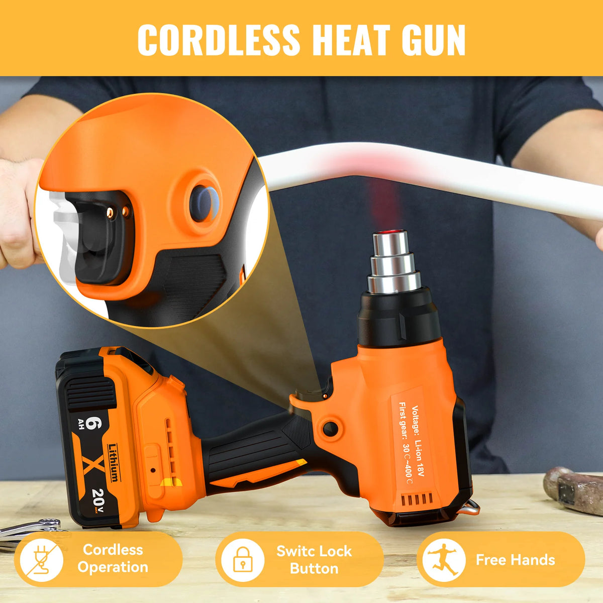Nananuu 350W Cordless Heat Gun Portable Power Tool Heat Shrink Gun For Makita/For Dewalt/For Ryobi/For Milwaukee(NO Battery)