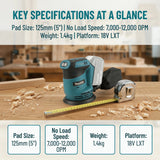 Makita DBO180Z 18V Cordless Random Sander 125mm 3 Speed 7000-11000OPM with Pad Brake for Furniture Sanding
