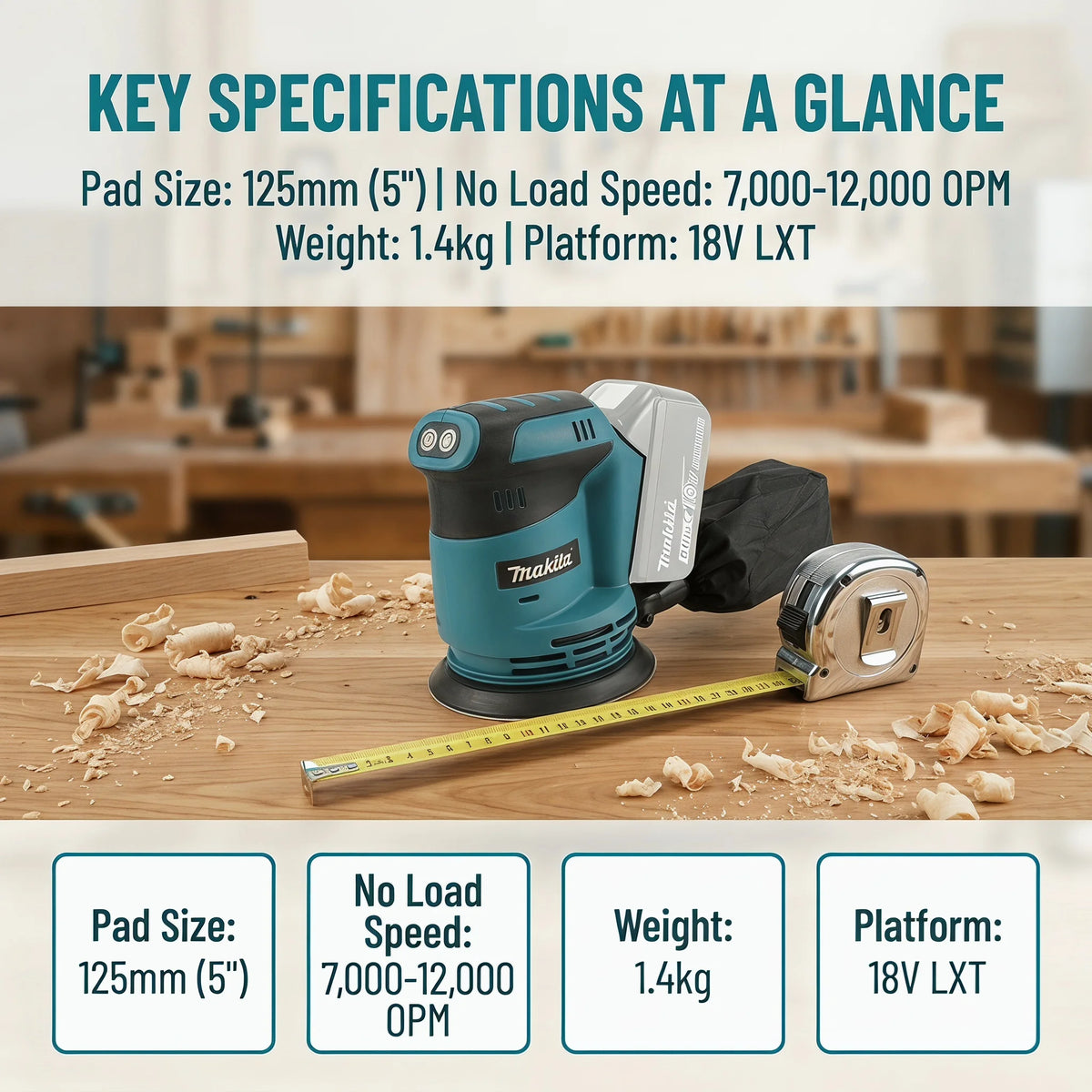 Makita DBO180Z 18V Cordless Random Sander 125mm 3 Speed 7000-11000OPM with Pad Brake for Furniture Sanding