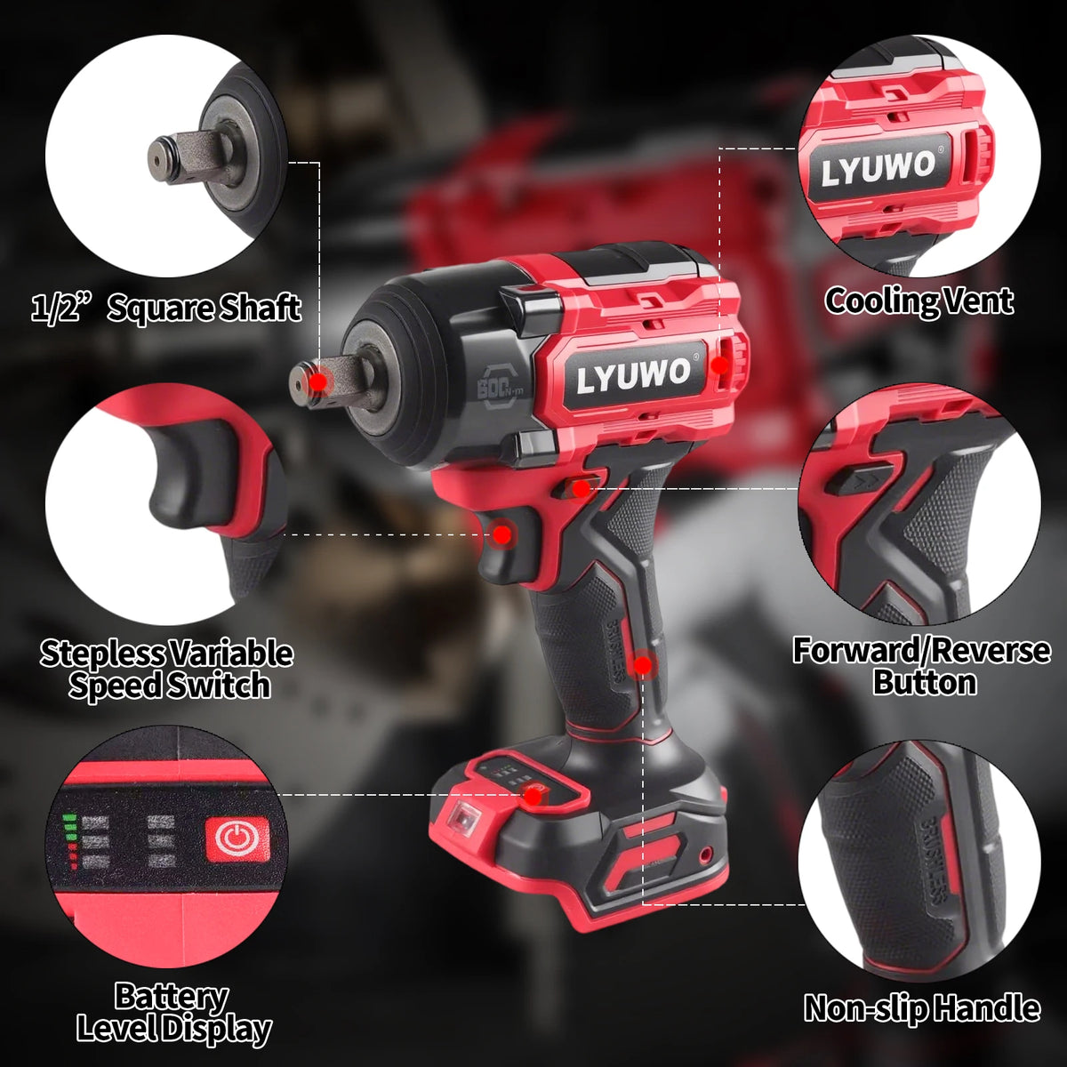 LYUWO High Quality Brushless Cordless Impact Wrench LW-BS75 3/8" 21V 600N.m NoBattery 3500 RPM Professional auto repair or home