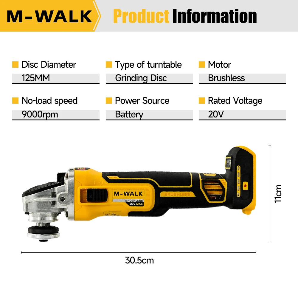 M-WALK 125mm Brushless Electric Angle Grinder Polishing Cutting Machine Cordless Angle Grinder Tools For Dewalt 18/20v Battery