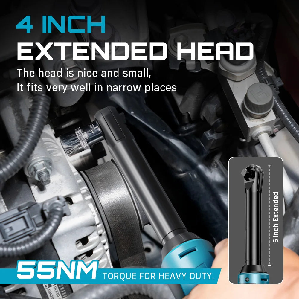 SEESII 3/8" Cordless Electric Wrench 55Nm 6' Extended Ratchet Wrench 12V Rechargeable Angle Wrench Car Repair Tools W/2 Batteries for Makita 18v Battery Pin