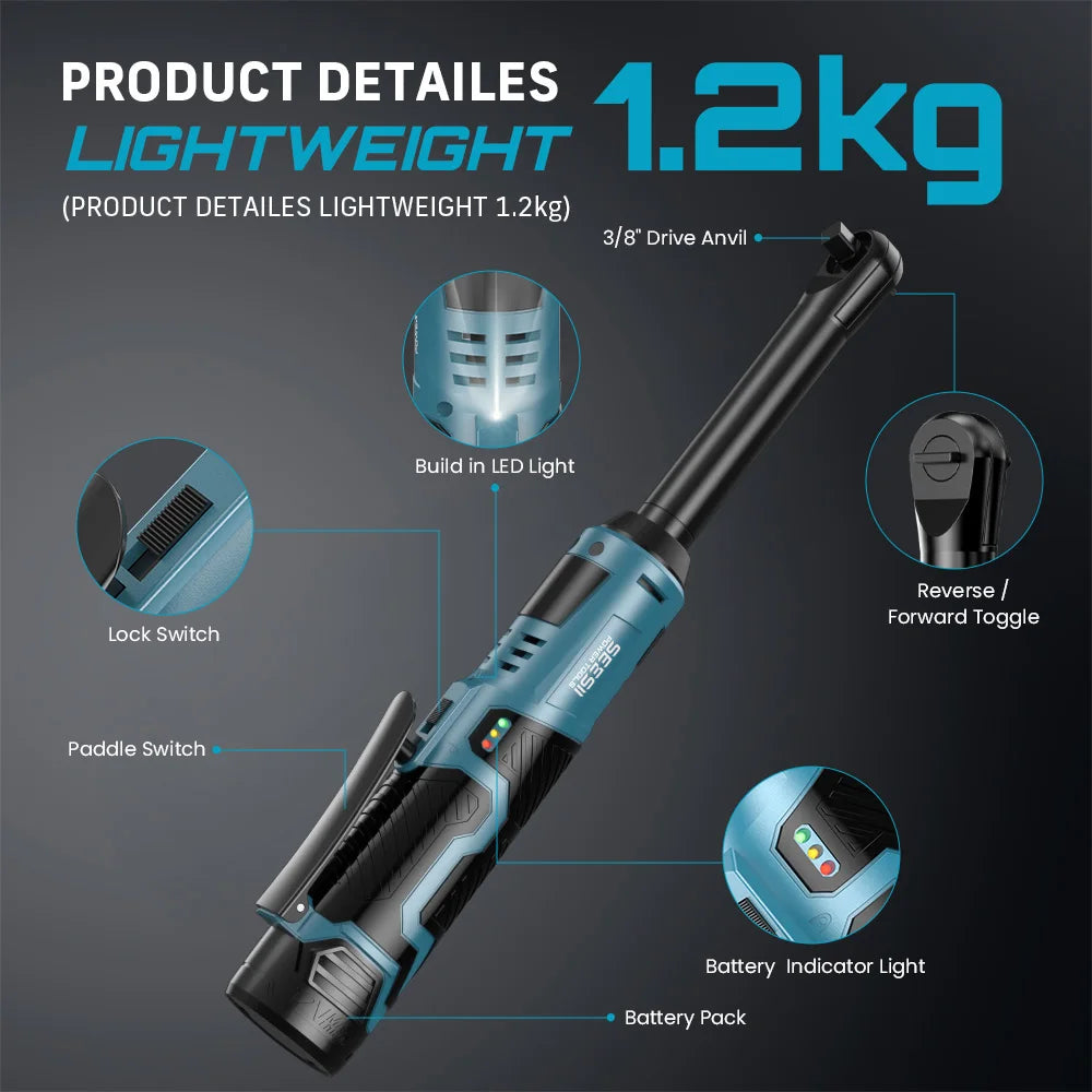 SEESII 3/8" Cordless Electric Wrench 55Nm 6' Extended Ratchet Wrench 12V Rechargeable Angle Wrench Car Repair Tools W/2 Batteries for Makita 18v Battery Pin