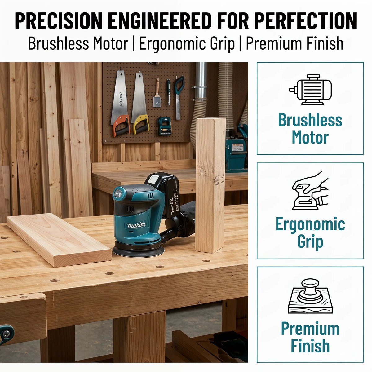 Makita DBO180Z 18V Cordless Random Sander 125mm 3 Speed 7000-11000OPM with Pad Brake for Furniture Sanding