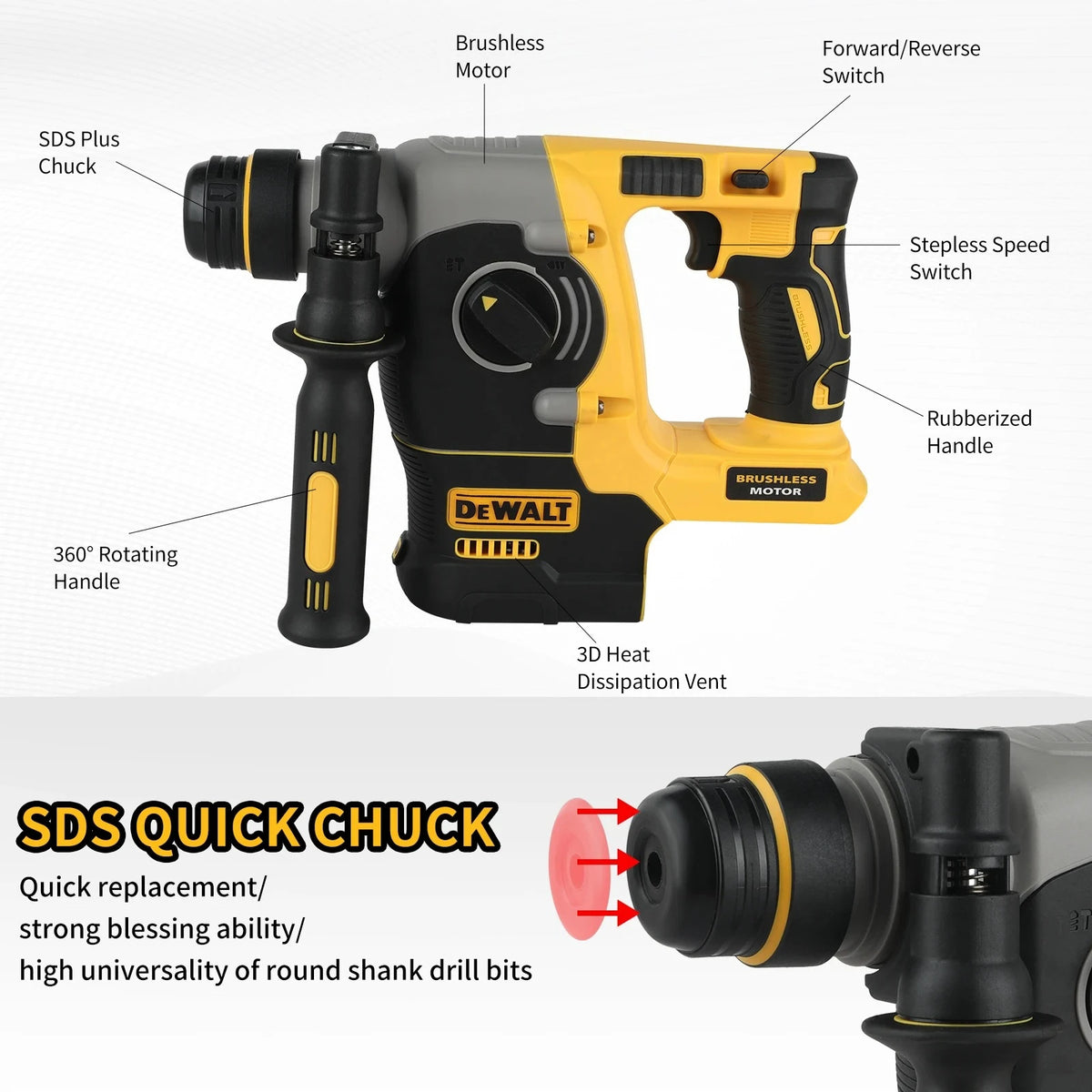 DEWALT DCH273 20V MAX Brushless SDS‑Plus Rotary Hammer Drill L‑Shape Cordless Percussion Drill, Tool Only No Battery