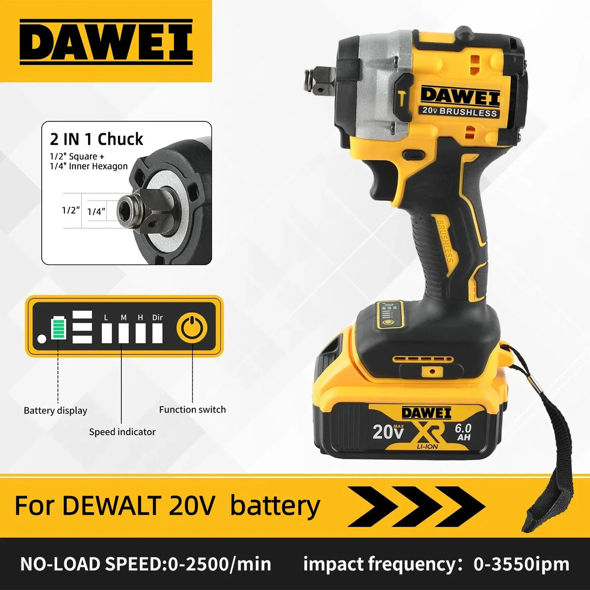 Wireless Impact Wrench Rechargeable High Torque 406Nm(Reverse) 1/2" 2500 PRM Universal For DEWALT 20V battery PIN