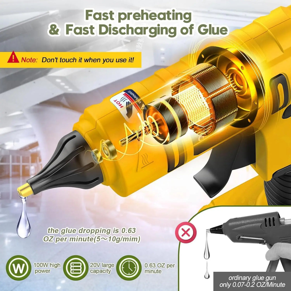 100W Cordless Hot Glue Gun for DeWalt 20V Battery (No Battery)&12 X 11mm Silicone Sticks Fast Heating Full Size Wireless Gun