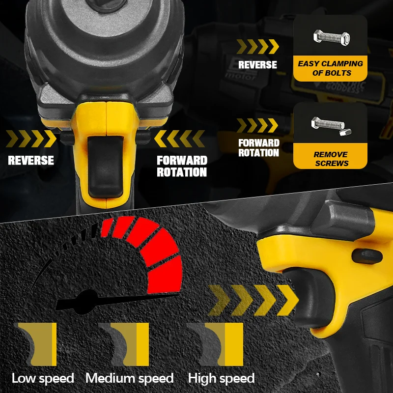1000N·M High-torque Brushless Electric Wrench 1/2 Inch Impact Wrench Large Machine Service Tool For Dewalt 20V Battery Pin