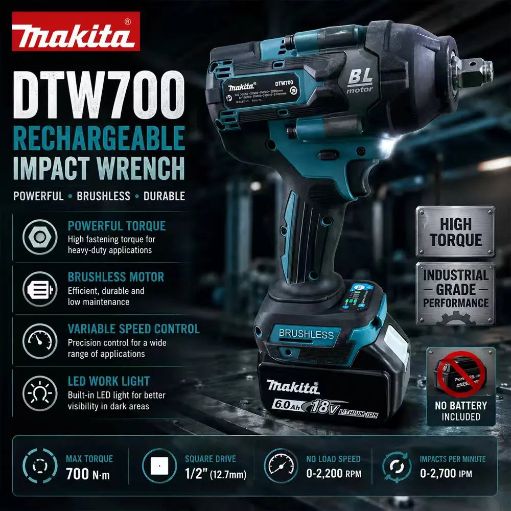 NEW 100% Makita DTW700 Brushless Electric Screwdriver, 18V Battery 6.0AH, Rechargeable Drill Driver, Woodworking Milling Center