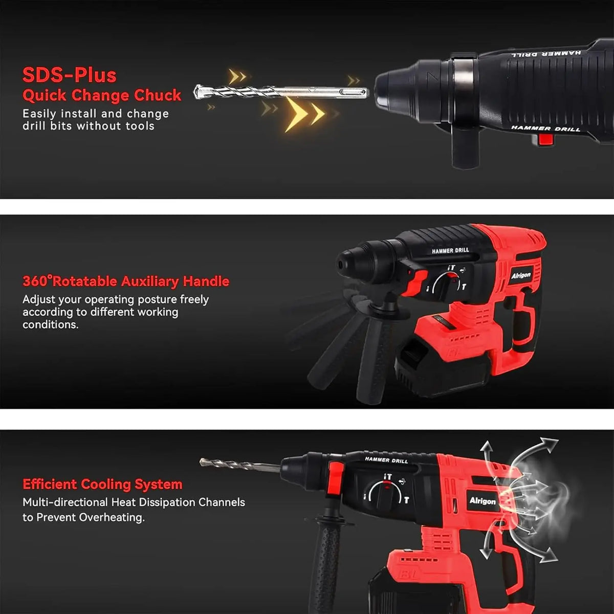 SDS-Plus Rotary Hammer Drill For Mi.lwaukee M18 Battery 2.6J Impact Brushless Hammer Drill 360° Rotating Handle Rotomartillo
