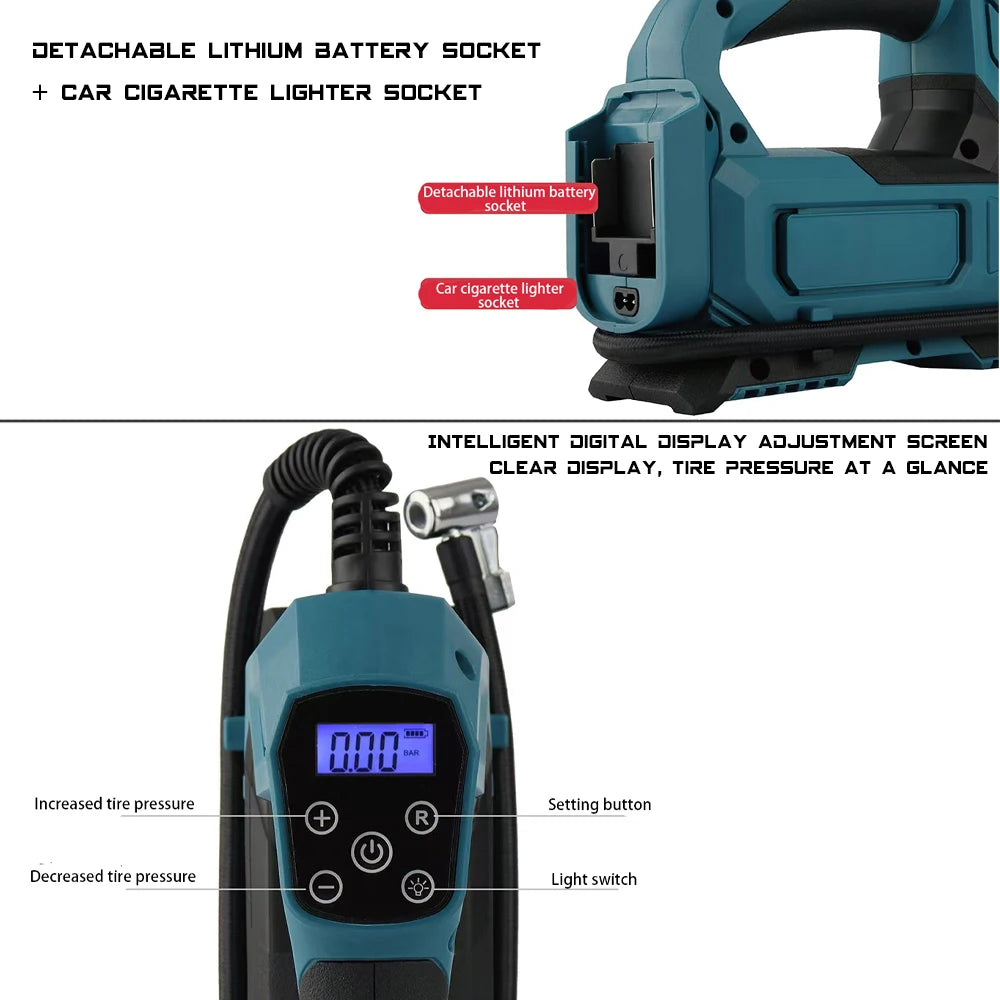 Electric Air Pump Powered Inflator Cordless Car Tire Air Compressor Inflatable Pump Fit Makita/Dewalt/Milwaukee 18V No Battery