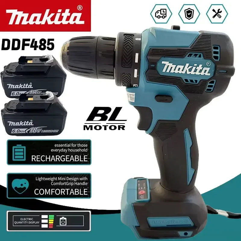 Makita DDF485 Compact Cordless Hammer Drill 18V Rechargeable Brushless Electric Tool Variable Speed for Drilling And Hammering