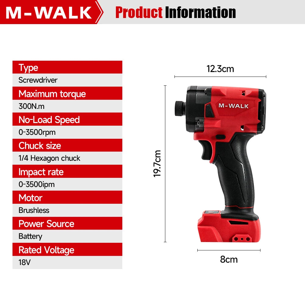 M-WALK Brushless Screwdriver For Milwaukee 18V Battery Pin 300N.M Adjustable Speed Forward Reverse Rotation Electric Screwdriver