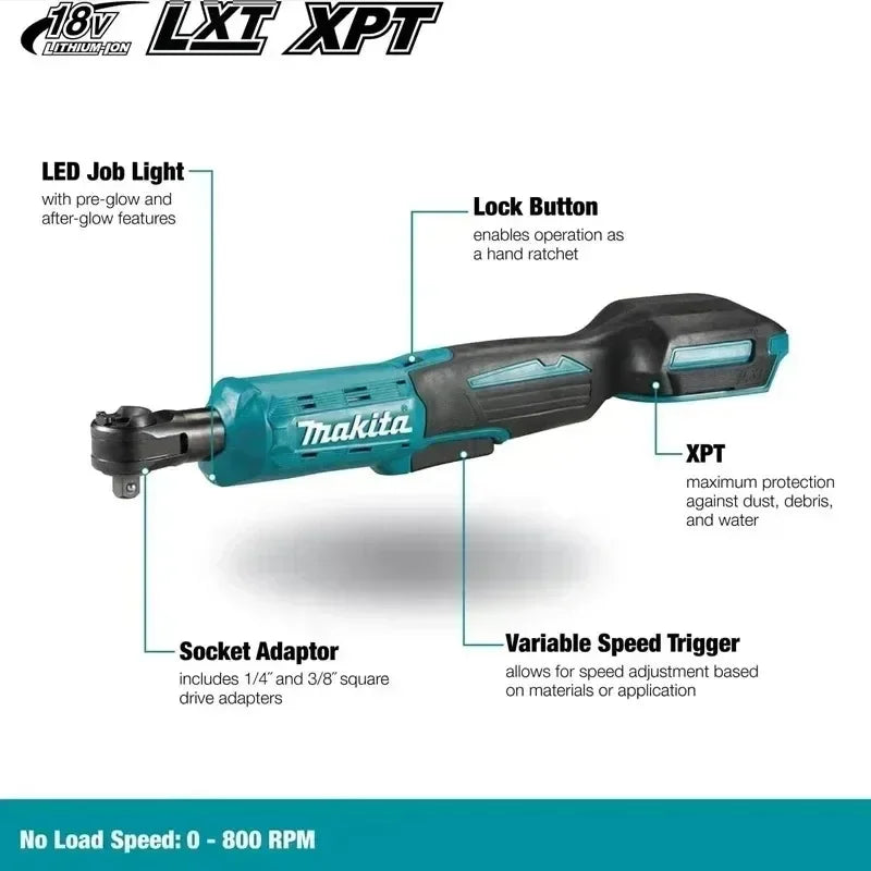 Makita DWR180 18V Cordless Ratchet Wrench 47.5Nm 800RPM with LED Light and Electric Brake for Auto Repair and Maintenance