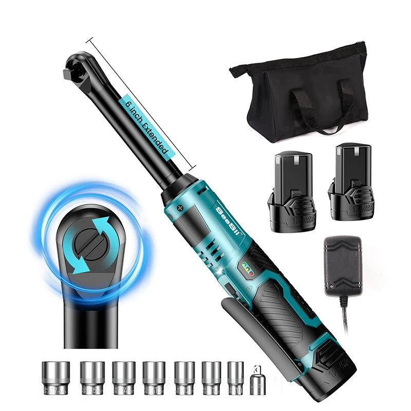 SEESII 3/8" Cordless Electric Wrench 55Nm 6' Extended Ratchet Wrench 12V Rechargeable Angle Wrench Car Repair Tools W/2 Batteries for Makita 18v Battery Pin