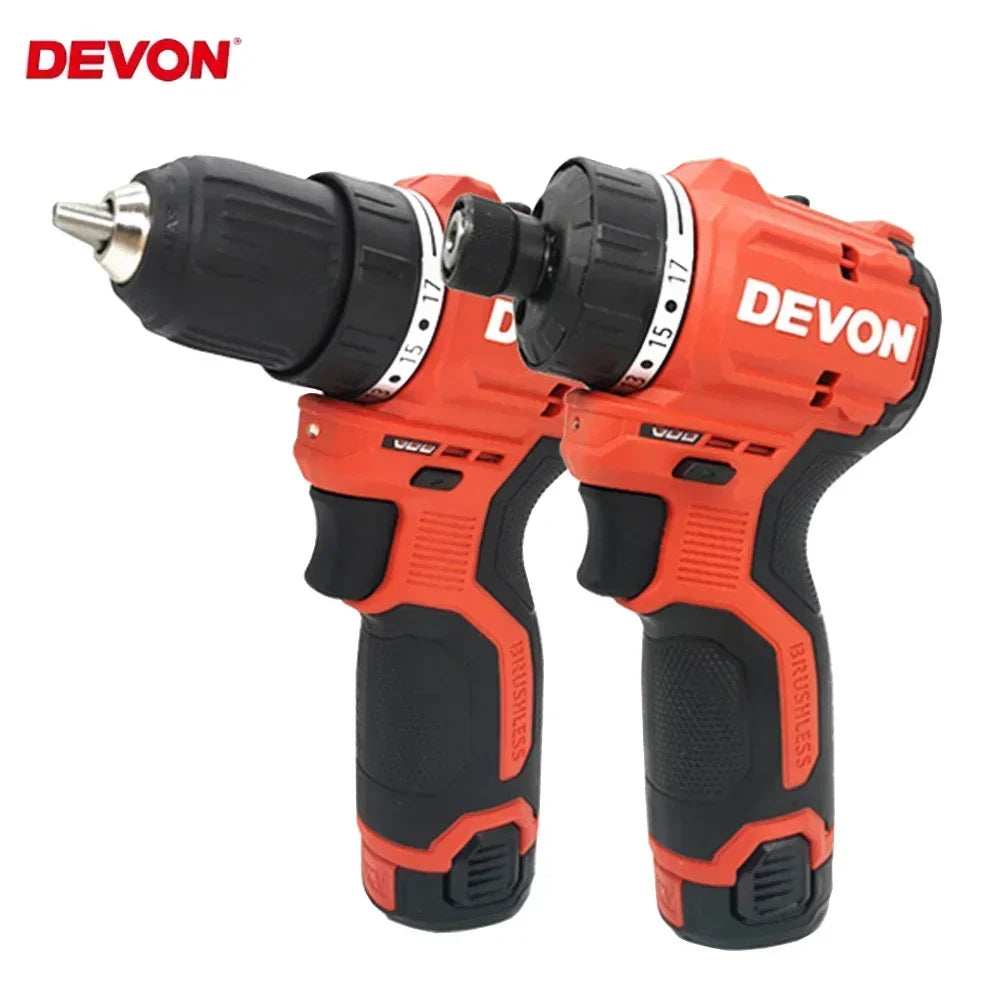 Devon 5208 5209 12V Cordless Electric Drill Brushless Motor 50Nm 1700rpm Dual Speed Torque Adjustable
