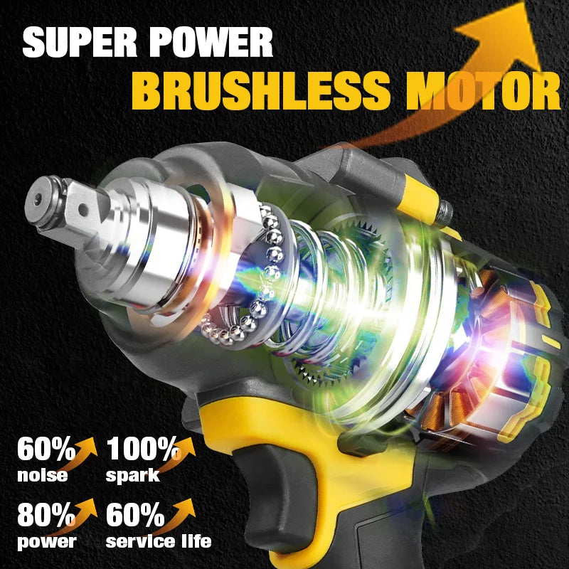 1000N·M High-torque Brushless Electric Wrench 1/2 Inch Impact Wrench Large Machine Service Tool For Dewalt 20V Battery Pin