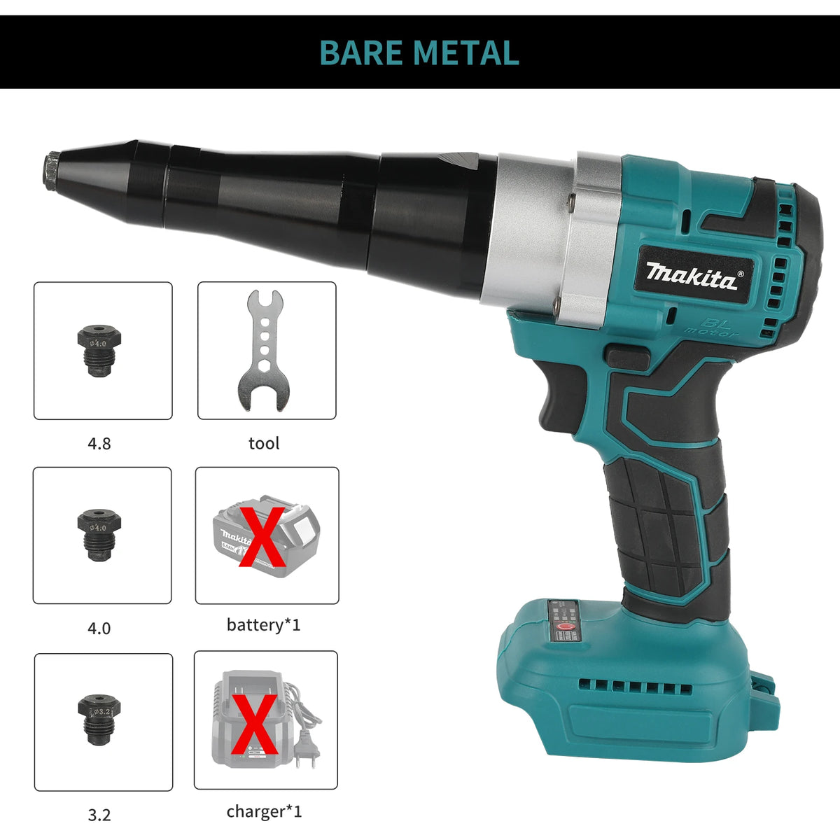 Makita Brushless Cordless Electric Rivet Gun 3.2-4.8mm ,18V Battery for Stainless Steel Aluminum Rivets DIY & Industrial