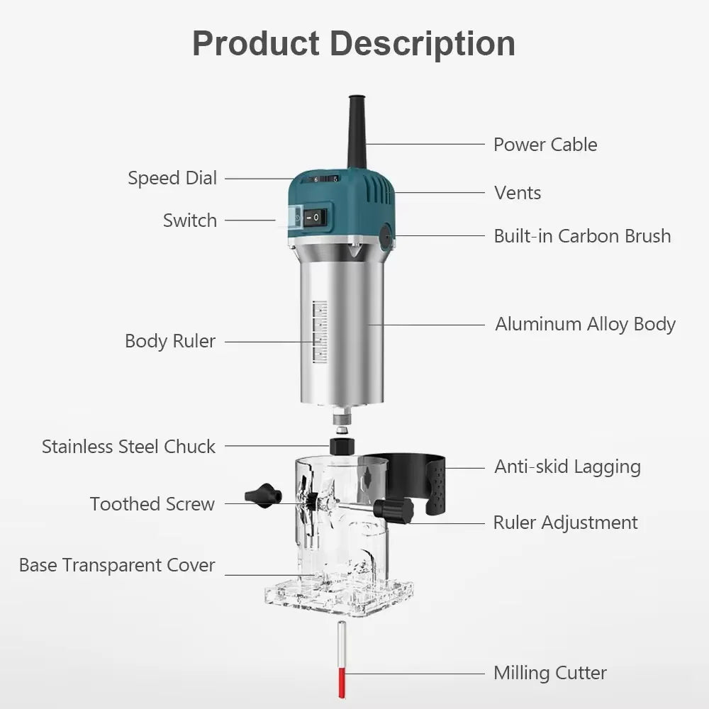 800W Electric Woodworking Trimmer 6 Speed 110/220V Suitable for 6.35mm 30000 RPM Milling Cutter Woodworki Engraving Machine Tool