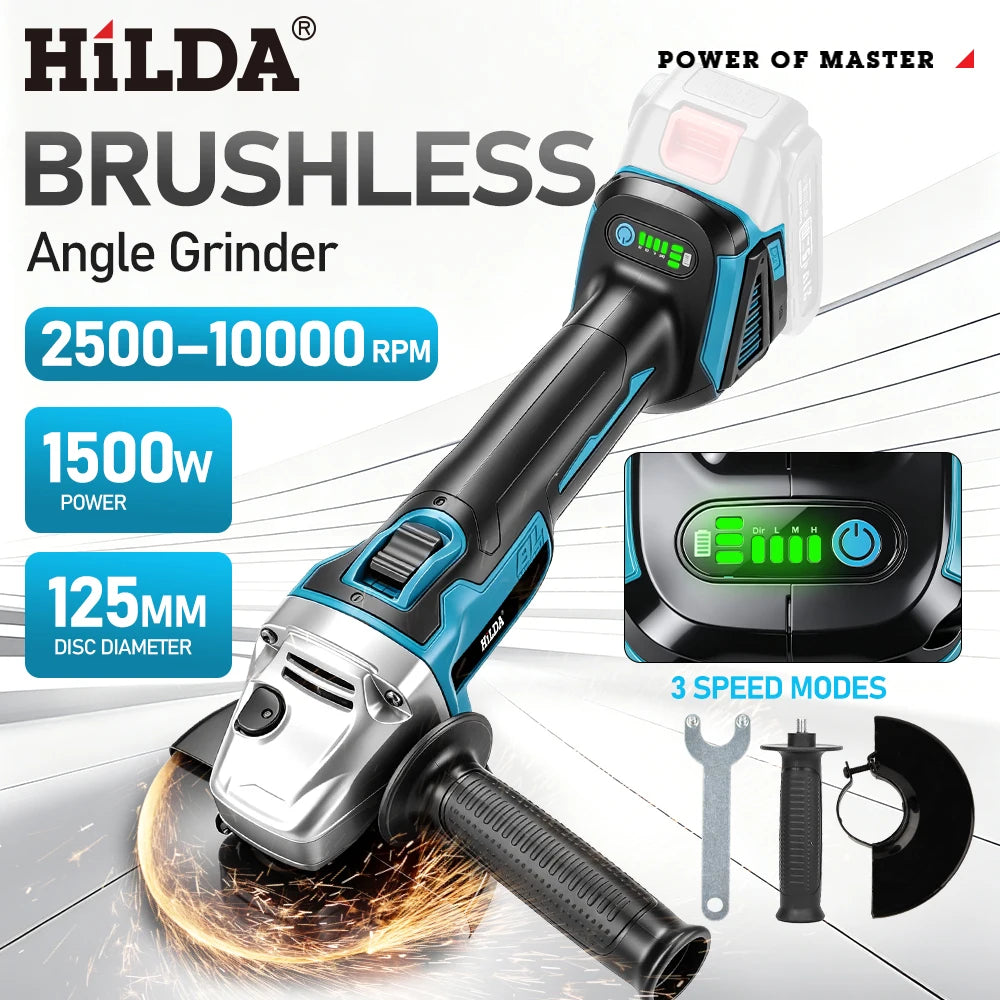 HILDA 21V Brushless Angle Grinder Cordless Handheld Electric Power Tool for Makita Battery For Metal Wood Cutting