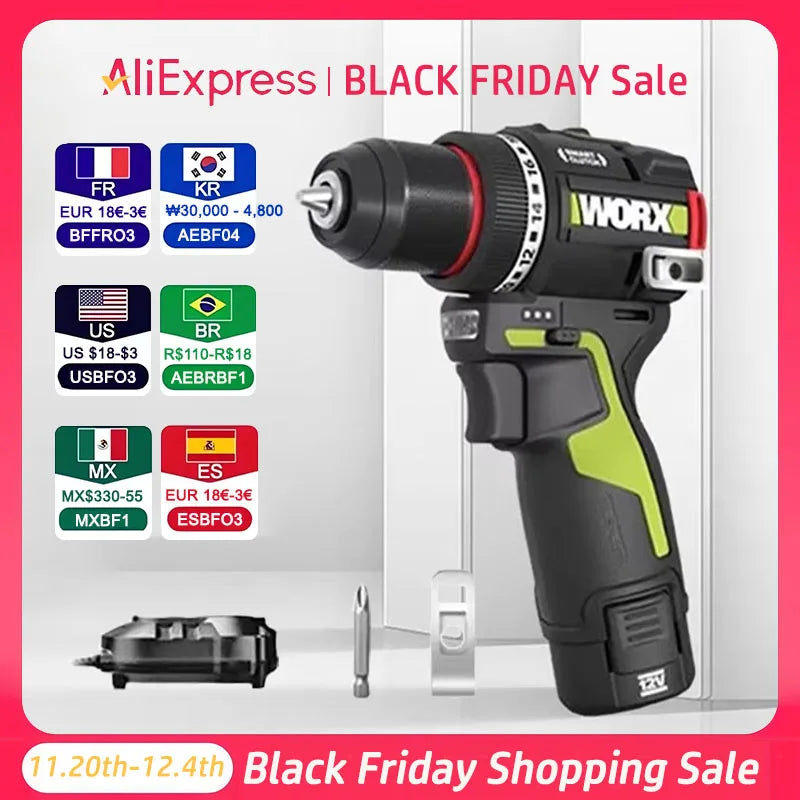 WORX WU135 Cordless Electric Drill 12V 50Nm 1800rpm Brushless Motor Electric Screwdriver Impact Drill Metalworking Smart Cutch