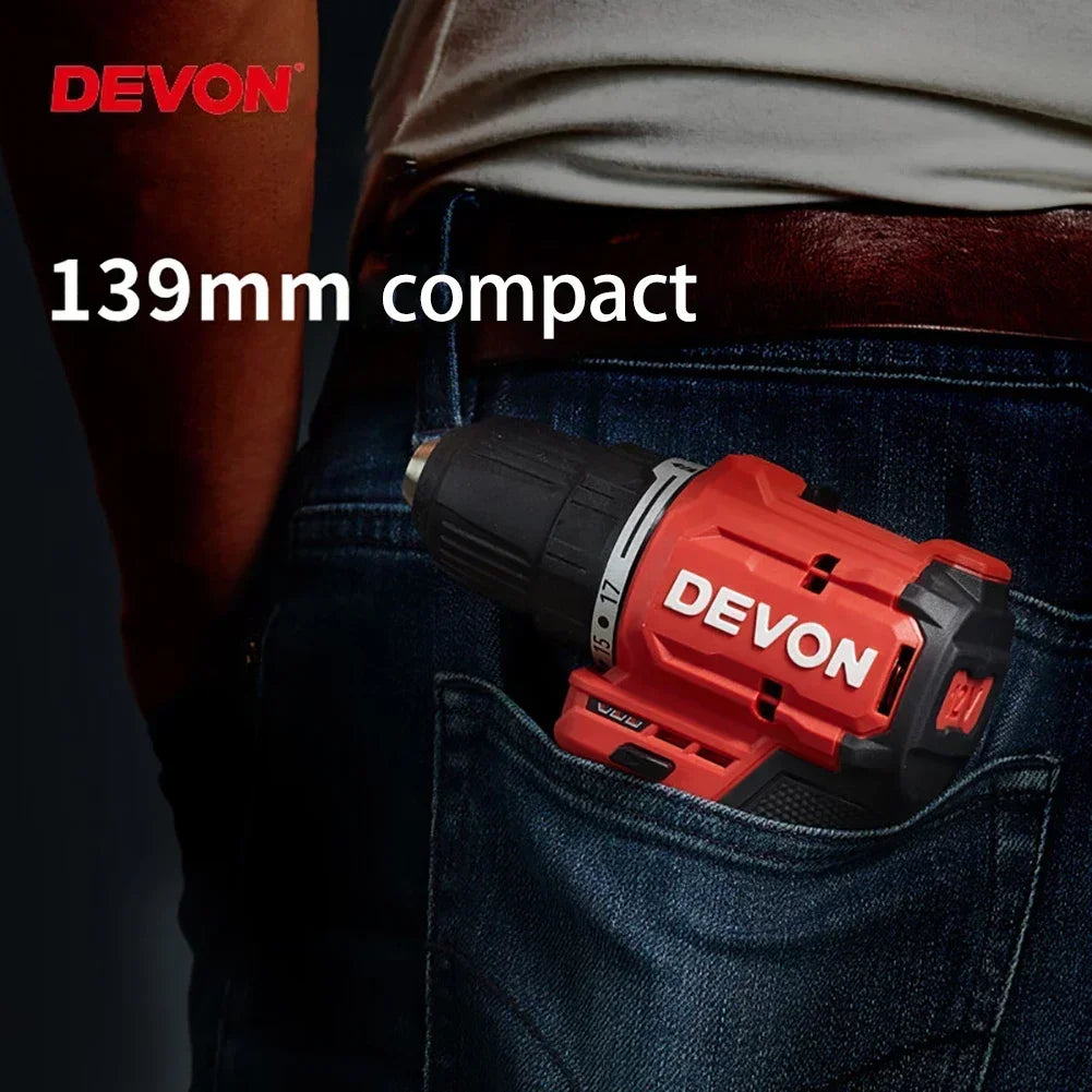 Devon 5208 5209 12V Cordless Electric Drill Brushless Motor 50Nm 1700rpm Dual Speed Torque Adjustable