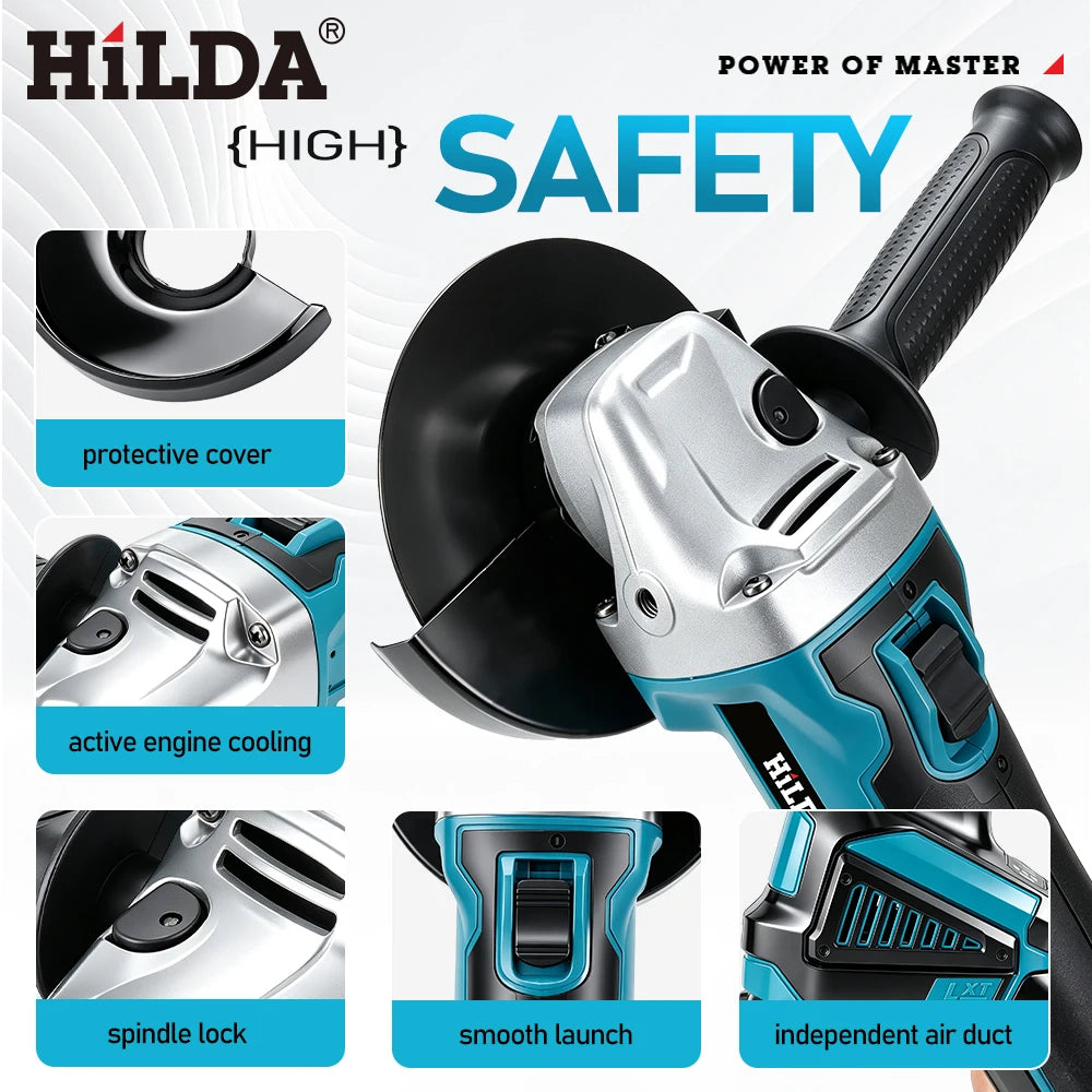 HILDA 21V Brushless Angle Grinder Cordless Handheld Electric Power Tool for Makita Battery For Metal Wood Cutting