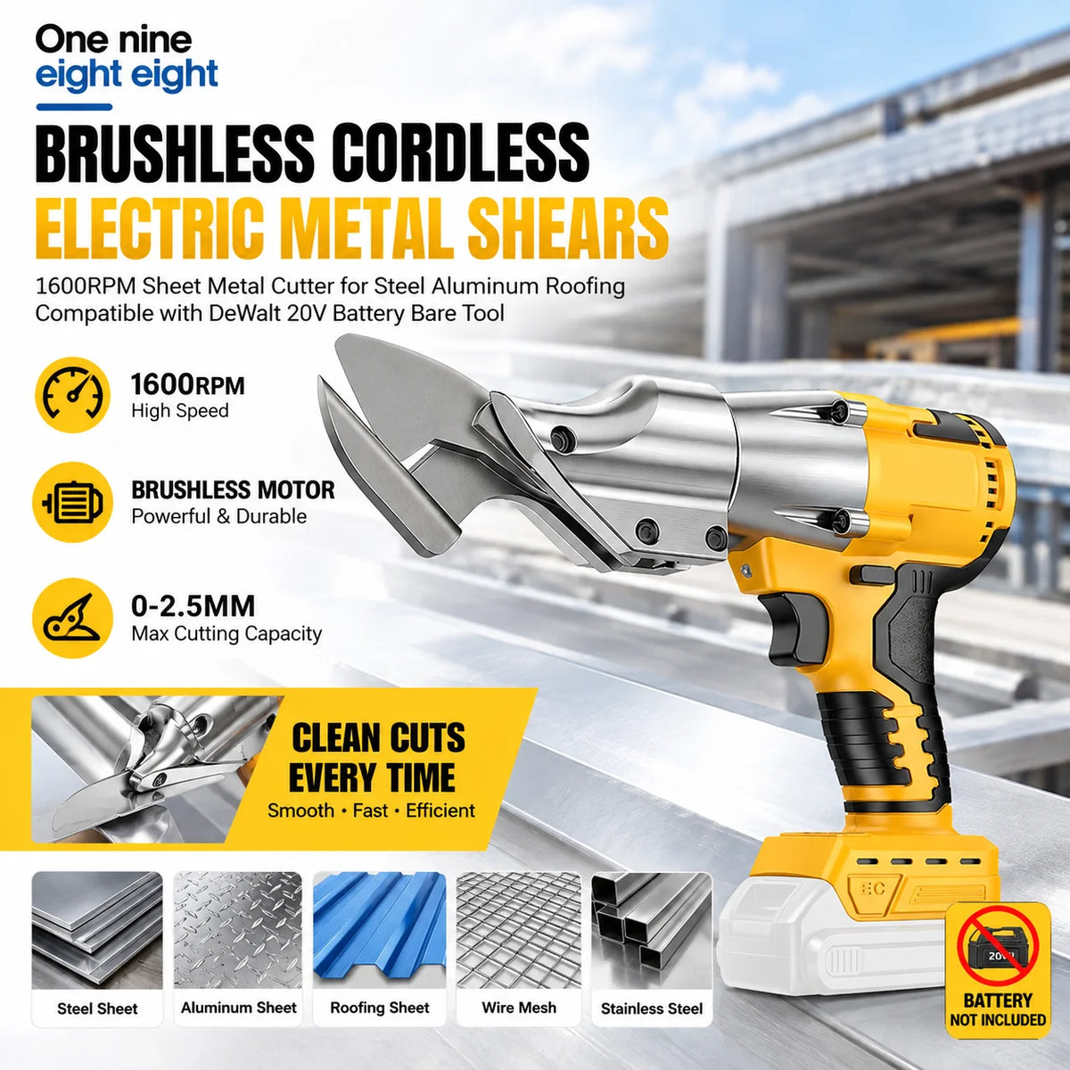 Cordless Brushless Metal Shears 1600RPM 2.5mm Cutting Thickness for Steel Aluminum Roofing Compatible with