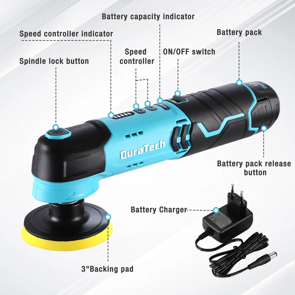 Duratech 12V Cordless Car Polisher Compact & Powerful 6-Speed Buffer with 2.0Ah Battery Full Detailing Kit for Car Care