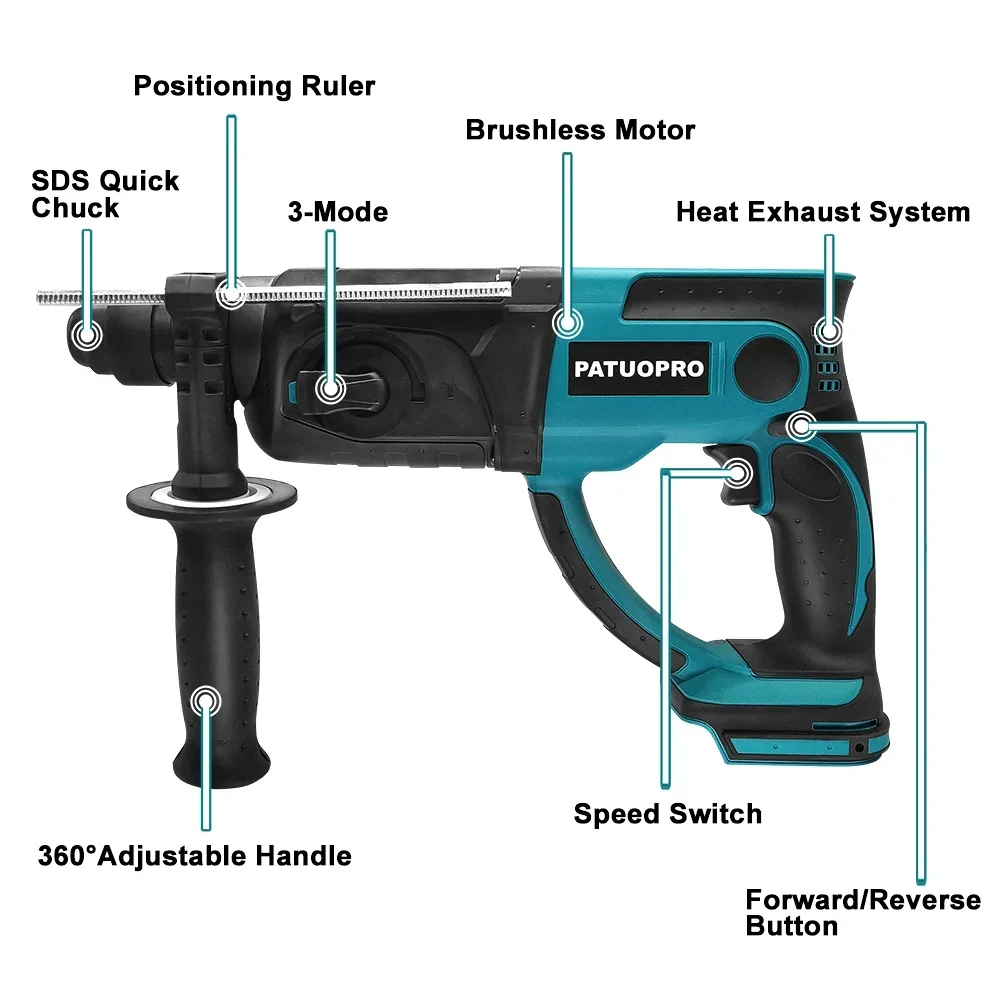 PATUOPRO 28mm Brushless Rotary Hammer Drill 3-Mode Hammer Drill chiselling Power Tool for Makita 18V Battery(No Battery)