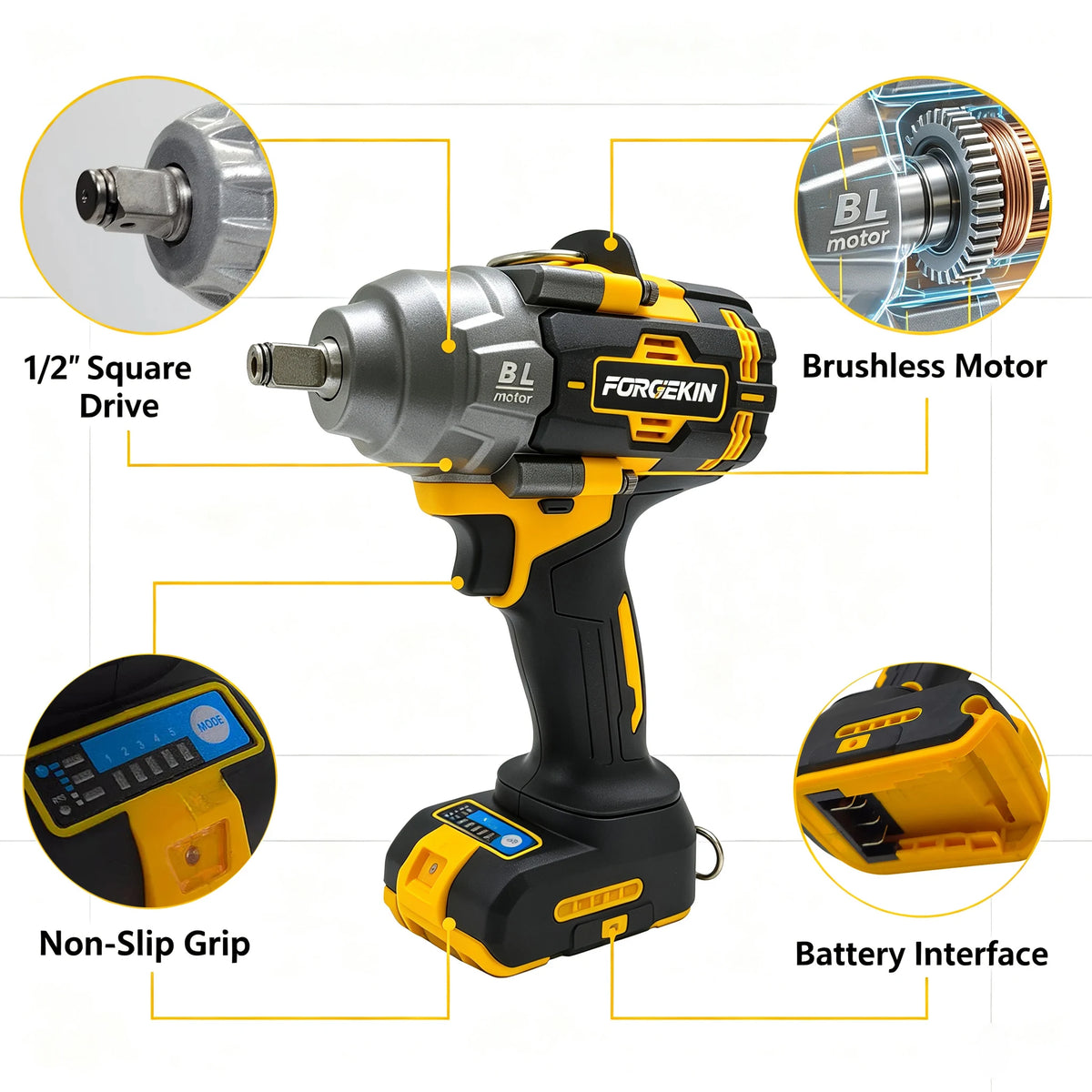 FORGEKIN 1/2” inch Brushless Impact Wrench 20V Power Pressure-Driven Speed,Double Safety&Ergonomic Design for Dewalt battery pin