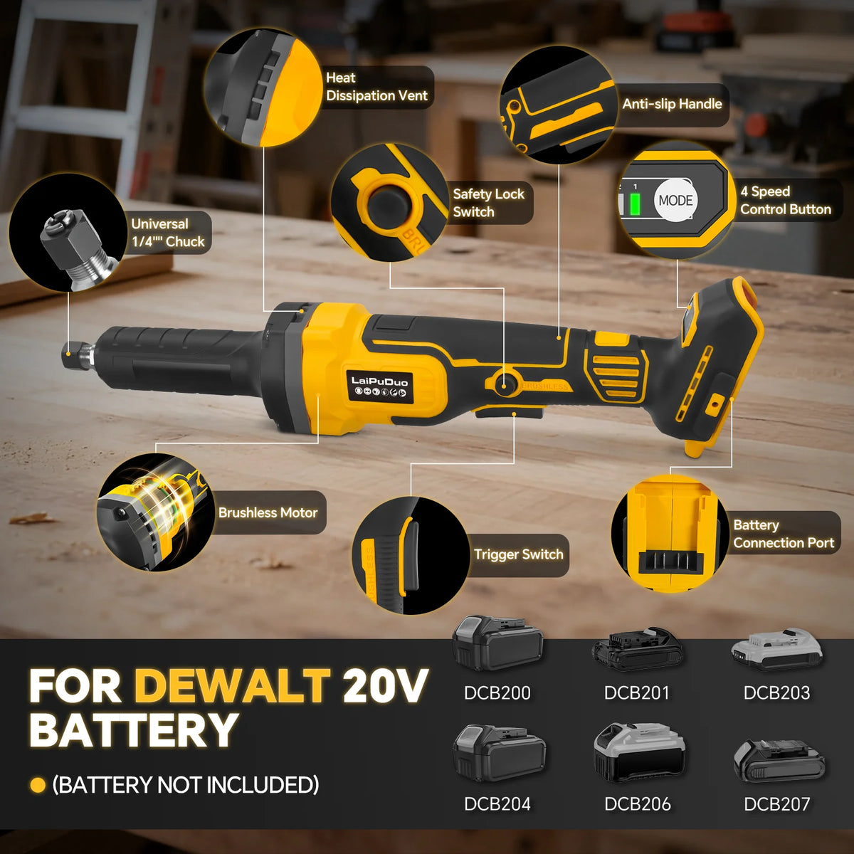 Brushless Die Grinder 25000RPM 4 Variable Speed Metal Grinding Polishing Deburring Die Grinder Tool For Dewalt 20V Battery Pin