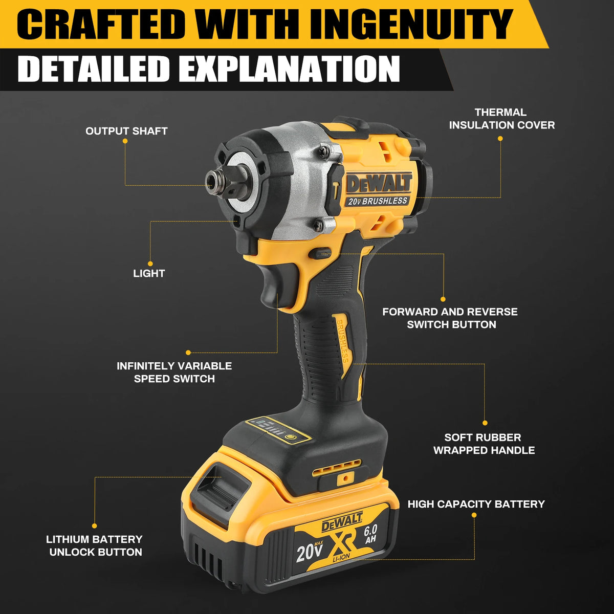 DEWALT DCF921 Cordless Impact Wrench 20V 610Nm Max Torque 0-3550IPM Forward Reverse Switch Auto Repair Heavy Work Power tools