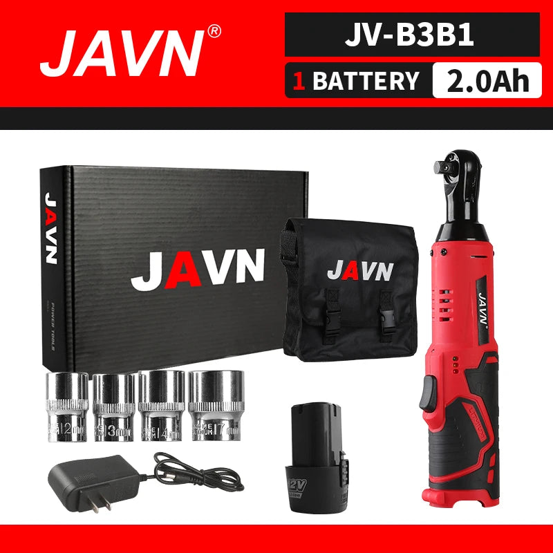 JAVN 12V Cordless Electric Wrench, 45NM 3/8'' Ratchet Wrench, Removal Screw Nut ,Car Repair Tools, Right Angle Wrench, Powe