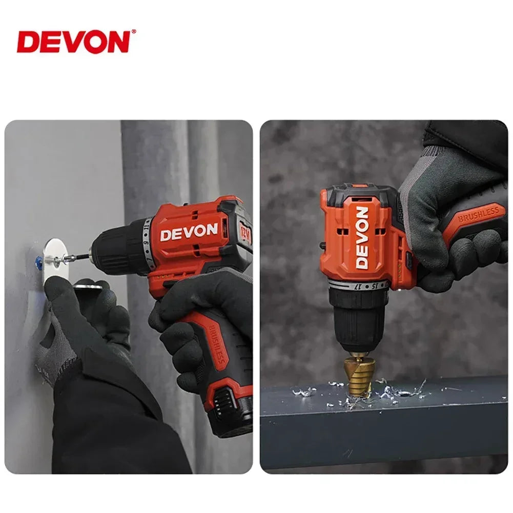 Devon 5208 5209 12V Cordless Electric Drill Brushless Motor 50Nm 1700rpm Dual Speed Torque Adjustable