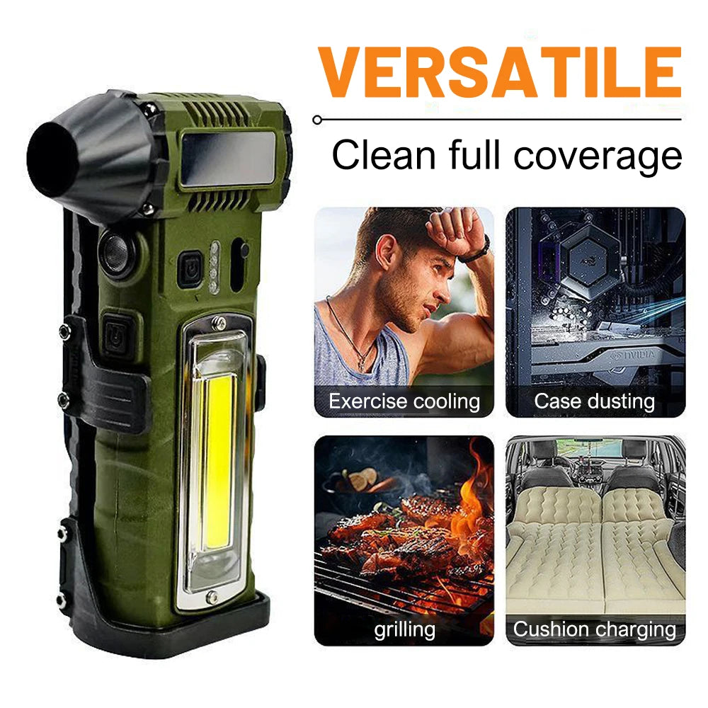 Portable Camping Fan with Light 8000mAh Battery Operated Waist Fan 130000RPM Mini Jet Blower for Tent Outdoor Work and Cleaning