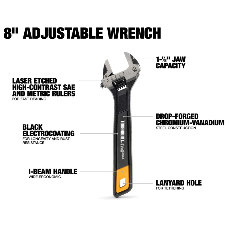 TOUGHBUILT TB-H3-70-08 TB-H3-70-10 Adjustable Wrench 8"/10" Double Scale Movable Spanner Durable Hand Tool