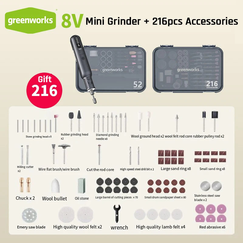 Greenworks Mini Grinder 52pcs +216 Accessories Electric Grinding Engraving Cordless Variable Speed Lithium Battery Power Tools