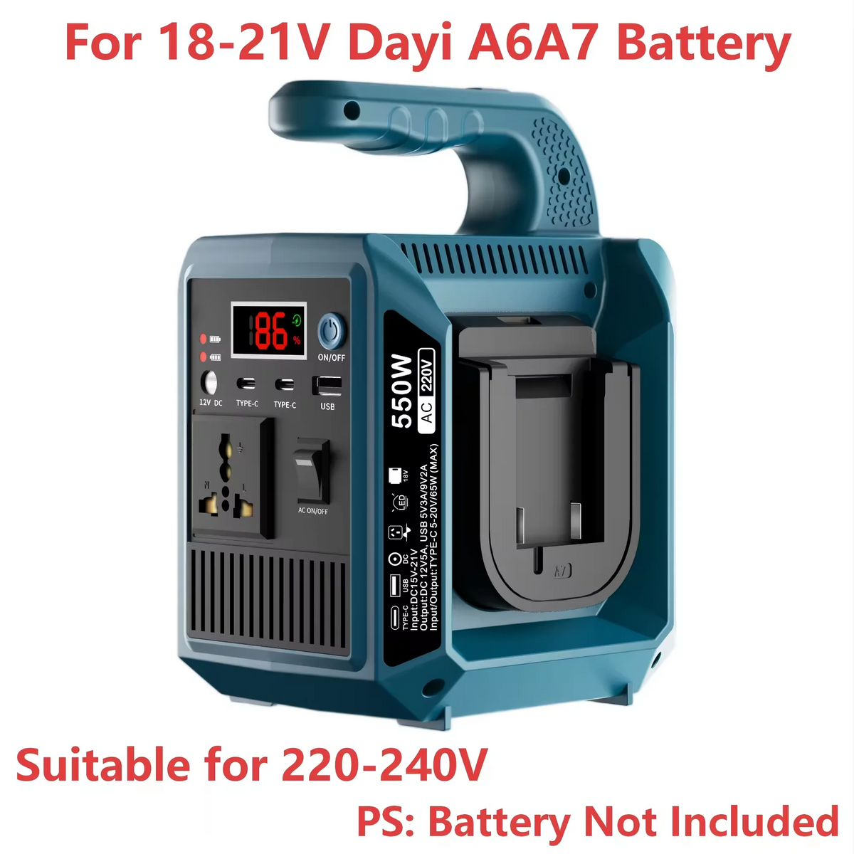 550W Portable Power Supply Inverter Compatible with Makita 18V Battery DC 18V to AC 110V/220V Converter with Type-C for Camping