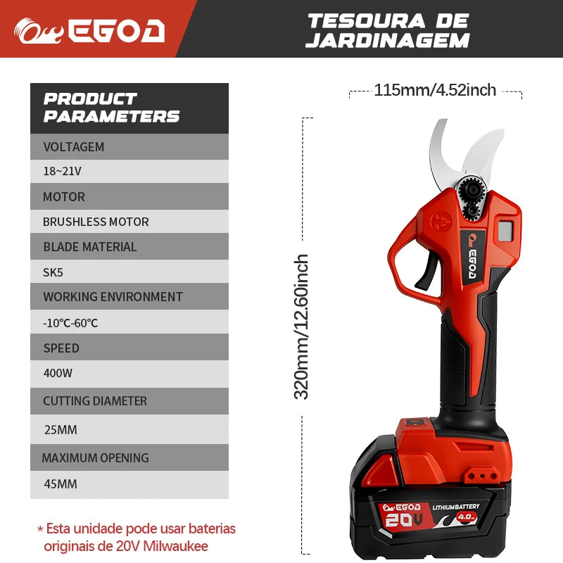 EGOD Brushless 45mm Electric Scissors For Milwaukee 20V Battery Cordless Fruit Tree Bonsai Electric Pruning Shear