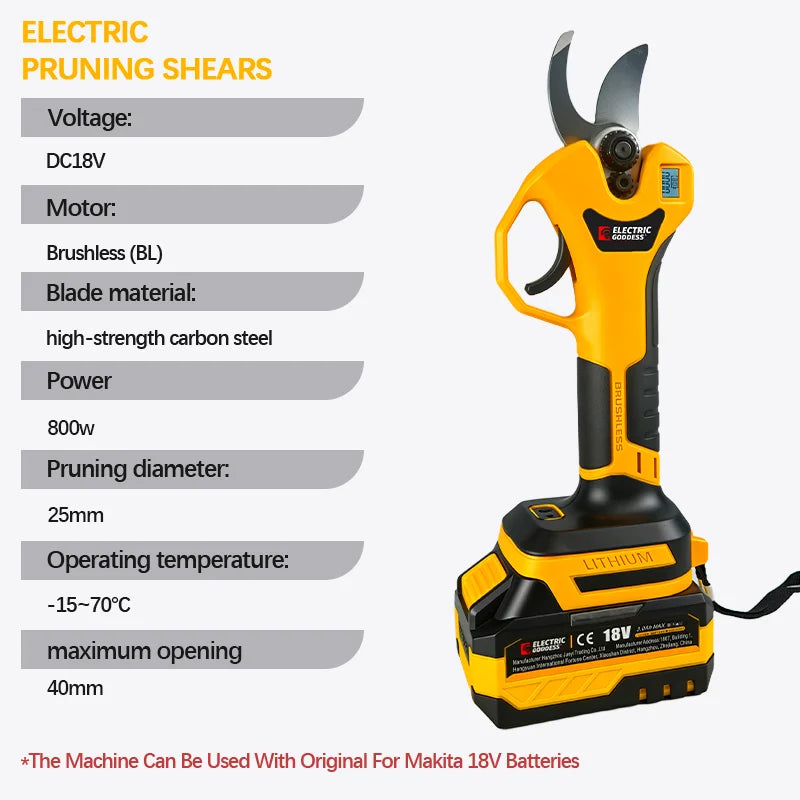 Brushless Electric Scissor Garden Trimmer 25mm Electric Pruning Shears Cutting Garden Power Tools for Makita 18V Battery Pins